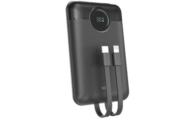 WiWU Wi-P022 Galaxy Power Bank 22.5w, 10000mAh Fast Charging, with Dual Built-in charging cable Type-C + Lightning - Black